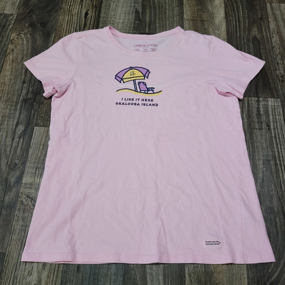Life is Good Women's M Pink Knit Short Sleeve T-Shirt Okaloosa Beach Beachy